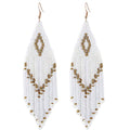 Bohemian Long Rice Beaded Tassel Earrings,Boho Native Handmade Woven Seed Bead Drop Dangle Earrings Statement Jewelry for Women Summer Holiday - color: White