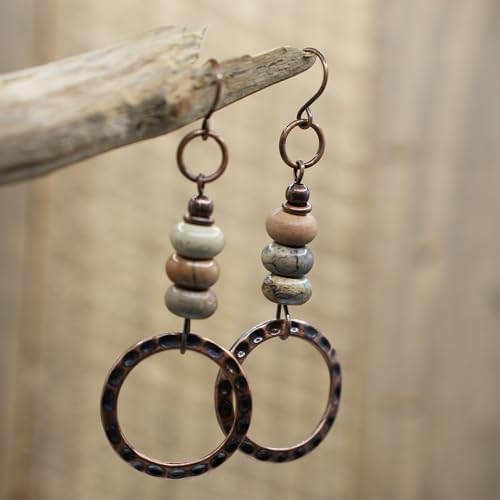 Boho Earrings for women, Hammered Copper Earrings, Bohemian Beaded Gemstone Rustic Jewelry, African Opal Earrings Handmade - style: Hammerd Hoop