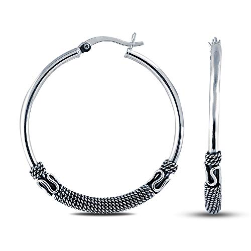 Charmsy 925 Sterling Silver Oxidized Balinese Hoop Earrings for Women | Lightweight Click Top Antique Oxidized Balinese Hoops Earring | Sise 30-60mm - color: Bali Hoop-40MM/1.57"