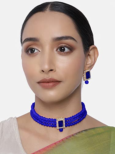 Aheli Ethnic Choker Necklace Earrings Wedding Bollywood Party Jewelry Set Gift for Women - color: Blue 2