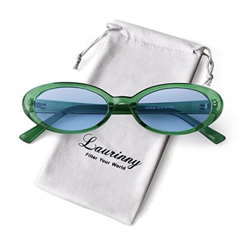 90s Sunglasses for Women Men Retro Small Oval Sunglasses - color: Green/Blue