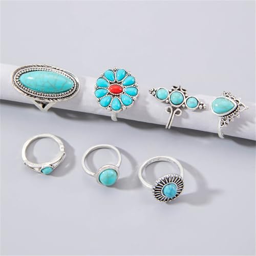 Bohemian Joint Knuckle Rings Set for Women,Vintage Boho Turquoise Stackable Rings Chunky Retro Turquoise Midi Finger Ring Statement Western Jewelry - style: Style C