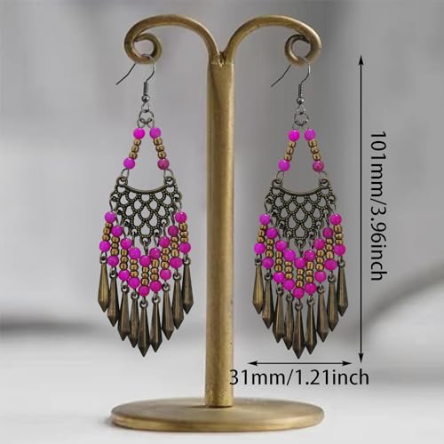 Handmade Vintage Bronze Bohemian Long Tassel Colorful Bead Dangle Drop Earrings Big Tribal Chandelier Geometry Hook Earrings for Women Statement Jewelry Gifts - color: Rose purple