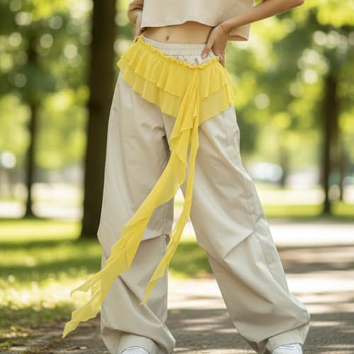 Women Y2K Lace Fringe Hip Scarf Boho Triangle Tassel Waist Cover Up Skirt Wrap Sheer Tie Belt Aesthetic Streetwear - color: B Yellow