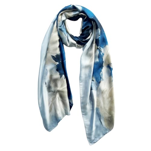 Long Silk Like Scarf Lightweight Satin Scarves Large Sunscreen Shawl Wrap for Women - color: 015.flowers White and Blue