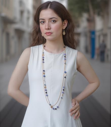 FULU AUTUMN Boho Gold Long Necklaces for Women Natural Stone Beaded Layered Long Necklace Mothers Day Gifts Dainty Flower Costume Jewelry for Women - color: Dark Blue