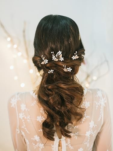 SWEETV 7 Pieces Bride Hair Accessories Pearl Wedding Hair Pins Leaf Bridal Hair Piece Vintage Hair Headpiece Leaf Hair Clips Jewelry for Women Bridesmaids Brides Flower Girls - color: Set-A-Gold