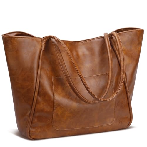 KKXIU Large Tote Bag for Women with Zipper Work Leather Travel Purse and Handbags - color: Dark Brown