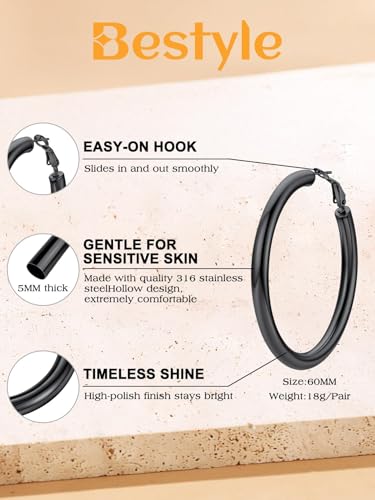 Bestyle 5mm Thick Gold Hoop Earrings Hypoallergenic Hoops for Sensitive Ears Trendy Lightweight Chunky Earrings for Women 30/40/60/80mm - color: 01-Black, size: 60mm
