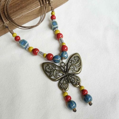 Boho Colorful Ceramic Bead Necklace for Women, Butterfly Pendant Necklace, Handmade Bohemian Statement Jewelry Gifts for Mom - color: Multi-S