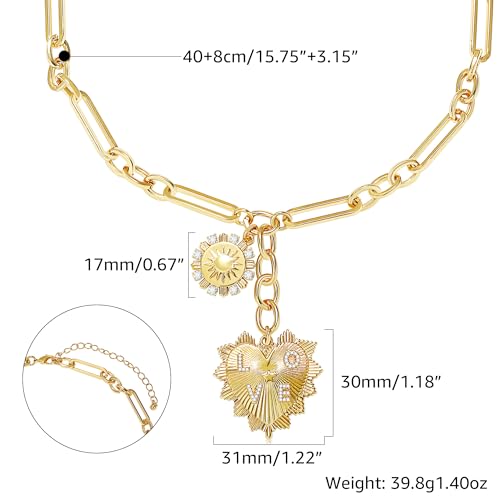 Gold Love Heart Sun Charm Chunky Paperclip Chain for Women Trendy 18K Gold Plated Coin Sunflower Pendant Choker Necklace Hip Hop Jewelry Gifts for Her - style: LOVE HEART, SUN