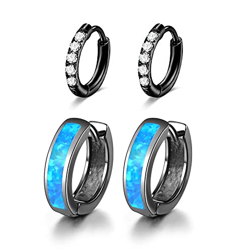 CiNily Huggie Earrings Opal Hinged Hoop Earrings Gold Plated Hypoallergenic Small Hoop Earrings for Women Teen Girls Men Sensitive Ears - color: Blue-Black Gold