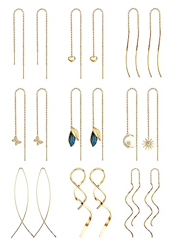 ORAZIO 9 Pairs Threader Earrings for Women Stainless Steel Chain Tassel Earrings Lightweight Double Twist Wave Heart Moon Leaf Threader Dangle Drop Earrings Minimalist Long Chain Earrings Set - color: Gold Tone