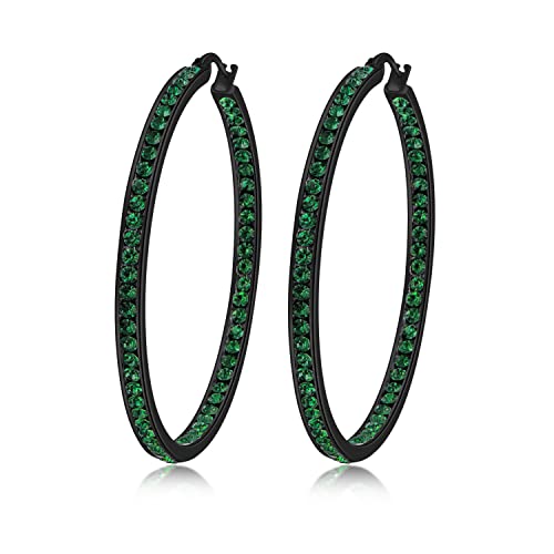 CiNily Mult-colors Crystal Stainless Steel Hoop Earring for Women Hypoallergenic Jewelry for Sensitive Ears Large Big Hoop Earrings 2" - color: Black&Emerald