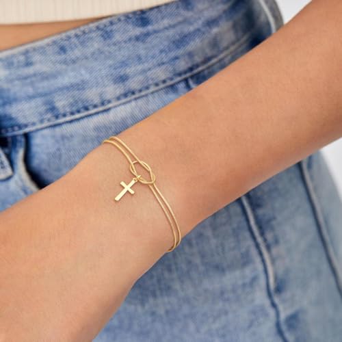 NECOCY Mothers Day Gifts Cross Bracelet for Women, Dainty 14K Gold/Silver Plated Pearl Cross Chain Bracelet Religious Christian Baptism Jesus Catholic Bracelet Jewelry Gift for Mom Wife Daughter - style: Style-2