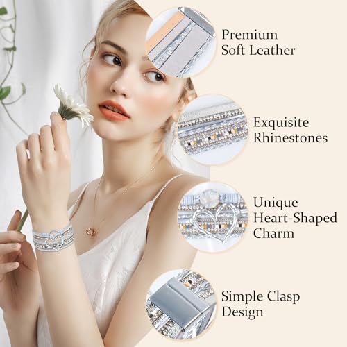 Leather Wrap Bracelet for Women, Boho Cuff Bracelet with Strong Clasp, Multi-Layer Crystal Leather Bracelet for Valentine Mother's Day - color: 01-Heart-Silver