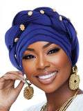 Woeoe Women African Turban Pre-Tied Twisted Beanie Cap Headwear Rhinestone Soft Stretchy Head Turbans - color: Royal Blue