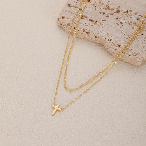 CAROVO Gold Necklace for Women Dainty 14K Gold Plated Choker Cross Flower Cubic Zirconia Necklaces Simple Layered Gold Chain Trendy Jewelry Gifts for Women - style: A:Layered Cross Necklace