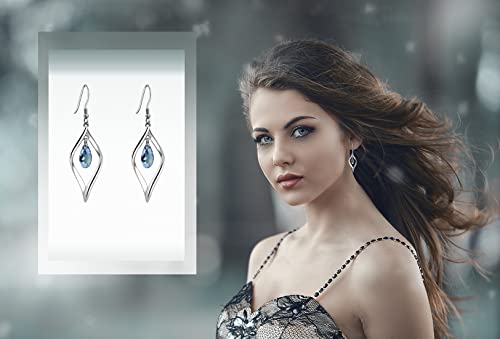 Rhodium Plate 925 Sterling Silver Hook Twist Leaf Holiday Hypoallergenic Dangle Earrings for Women Gifts Engagement Wedding with Austrian Daiamond Cut Waterdrop Crystal Hight Polished Long :1.9 IN - color: sea blue