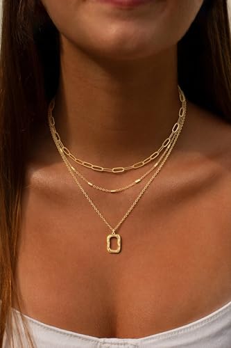 BERISO 14K Gold Plated Layered Necklace for Women, 3 Layer Dainty Gold Necklace with Minimalist Pendant, Elegant Everyday Gold Jewelry Gift - style: layered necklace-A