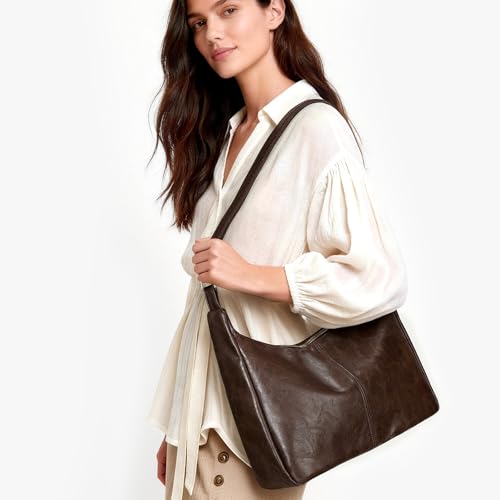 Brown Shoulder Bag for Women,Brown Leather Purse Slouchy Hobo Bags Everyday Purse Daily Commuting Bag with Zipper - color: Coffee