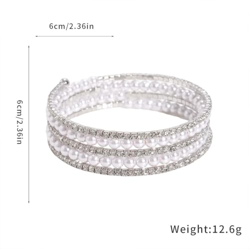 Silver Pearl Bracelet for Women Sparkly Stretch Rhinestone and Pearls Bangle Cuff Adjustable Faux Diamond CZ Bracelets Bling Wedding Costume Jewelry - color: Silver-5Row