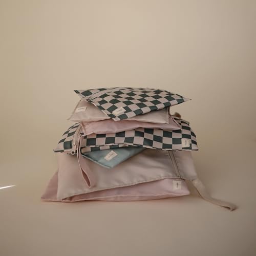 mushie Water Resistant Wet Bags | Large & Small Reusable Storage Bag for Baby Items and Travel | Zippered Pockets with Handle | Machine Washable, Set of 2 (Olive Check) - color: Olive Check