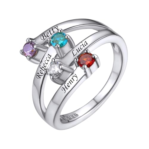 Custom4U Personalized 1-4 Birthstone Rings for Women Promise Rings for Her Sterling Silver Mothers Ring Customized Cubic Zirconia Stones Wedding/Valentine's Day/Mother's Day Jewelry Gift for Mom Wife - color: B-4 Names-Silver