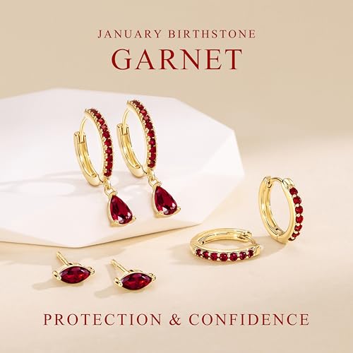 14K Gold Plated Small Huggie Hoop Earrings Set for Women, Hypoallergenic Dainty Sterling Silver Dangle Studs for Cartilage Helix, Lightweight Trendy Cute Stack Birthstone Jewelry Gift - color: 01_Garnet_Jan_Gold