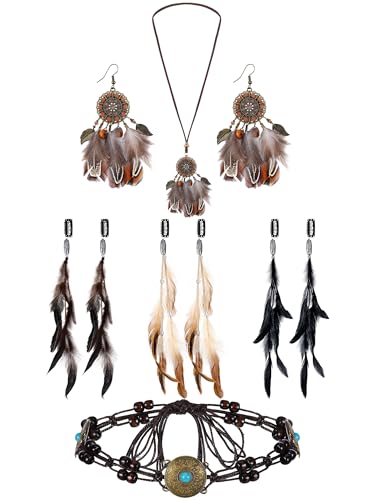 Fourluoo Boho Feather Hair Accessories Set for Women Include 6pcs Feather Hair Clips Necklace & Earrings & Braid Waist Belt Vintage Headband Accessories, Festival Wedding Party Jewelry Kit