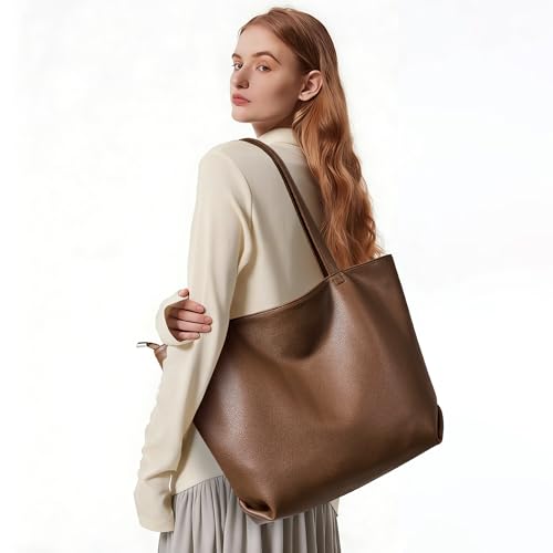 WLLWOO Soft Vegan Leather Tote Bag for Women Large Casual Hobo Handbags Zipper Shoulder Work Daily Weekender Travel Purse - color: Coffee