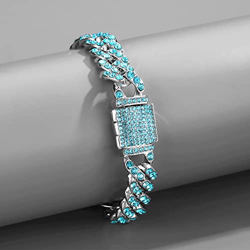 Apzzic Cuban Link Bracelet Iced Out Miami Gold Plated Hip Hop Full CZ Prong Diamond Bracelet with Giftbox Cuban Link Anklets for Men Women - color: Silver Blue-Bracelet