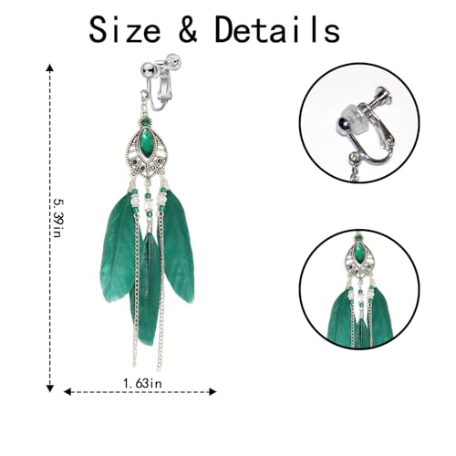 Clip on Tassel Dangle Earrings for Boho Women, Non Pierced, Colorful Feather Handmade Beads Fashion Vintage Fringe Jewelry for Parties Weddings Festivals Trendy Statement Earrings for Bohemian - color: Green A