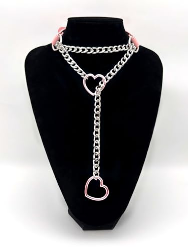 Black Leather Choker Collar For Women, Handmade Heart Slip Chain Choker Long Necklace with Adjustable Buckle - color: B-Pink-Silver-Pink, size: 18''chain
