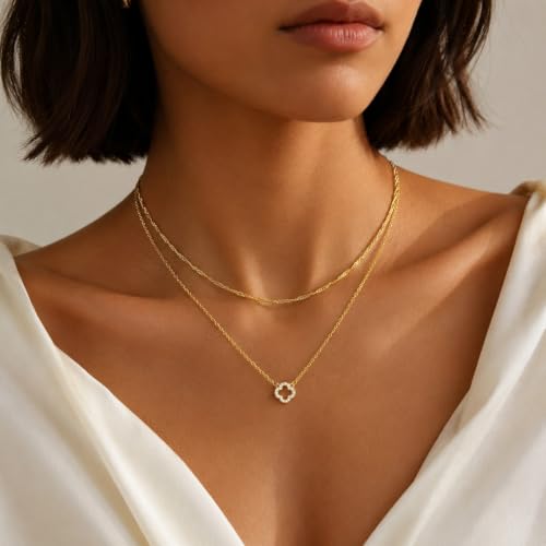 Dainty Gold Necklaces for Women Trendy Non Tarnish 14K Gold Plated Cubic Zirconia Necklace Layered Simple Cute Four Leaf Clover Choker Jewelry Birthday Gifts - color: Gold, style: Layered Small CZ