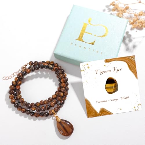 Healing Crystal Necklaces for Women Trendy Natural Stone Beaded Long Pendant Necklaces for Womens Handmade Bohemian Fashion Necklace Jewelry Gift - color: Tiger Eyes