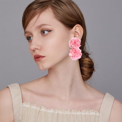 Oversized Fabric Flower Earrings for Women Statement Boho Chic Dangle Drop Earrings for Parties Weddings or Everyday Wear - color: Pink