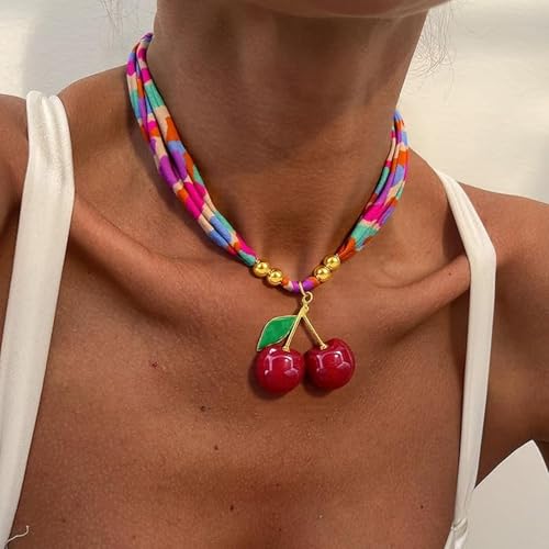 Scarf Necklace with Charm Gold Starfish Chunky Cross Heart Flower Pendants Bandana Charm Necklace Western Scarf for Women Boho Cowgirl Country Cowboy Accessories Beach Vacation Vacation Outfits Jewelry - color: C7-Scarf Necklace With Cherry Charm