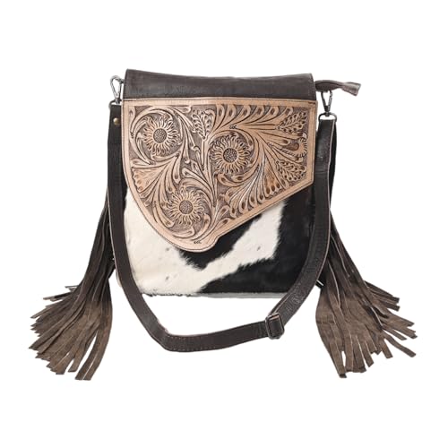 Merbaa Sunset Star Crossbody Bag - Real Cowhide Hairon Women's Handbag with Leather Fringes - color: Brown