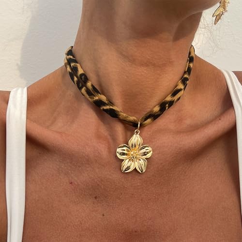Scarf Necklace with Charm Gold Starfish Chunky Cross Heart Flower Pendants Bandana Charm Necklace Western Scarf for Women Boho Cowgirl Country Cowboy Accessories Beach Vacation Vacation Outfits Jewelry - color: A7-Scarf Necklace With Flower Charm