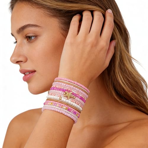 Shell Bracelet Seashell Boho Beaded Stretch Bracelets for Women Summer Beach Bracelets Starfish Charm Bracelet Stackable Gold Plated Bracelets Set for Women - color: g-pink