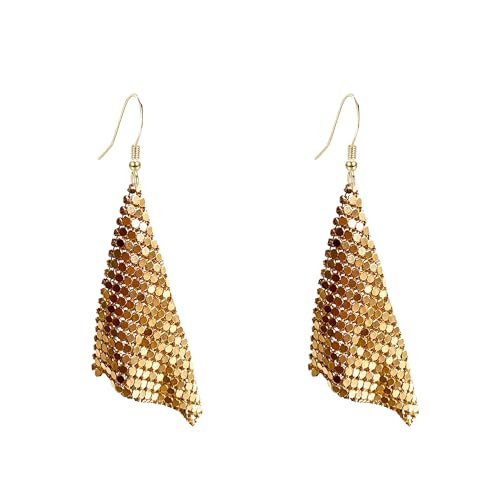 Sequin Earrings for Women Metal Mesh Grid Sequins Tassel Long Drop Dangle Earrings Trendy Charms Bridal Wedding Jewelry - color: Gold