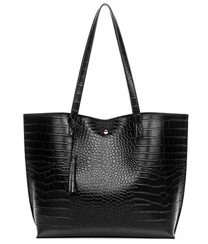 Dreubea Women's Soft Faux Leather Tote Shoulder Bag from, Big Capacity Tassel Handbag - color: Black-cro