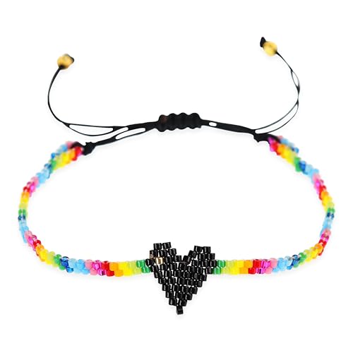 Rainbow Beaded String Braided Bracelets for Women, Summer Boho Handmade Adjustable Beach Waterproof Jewelry Gift - color: Black