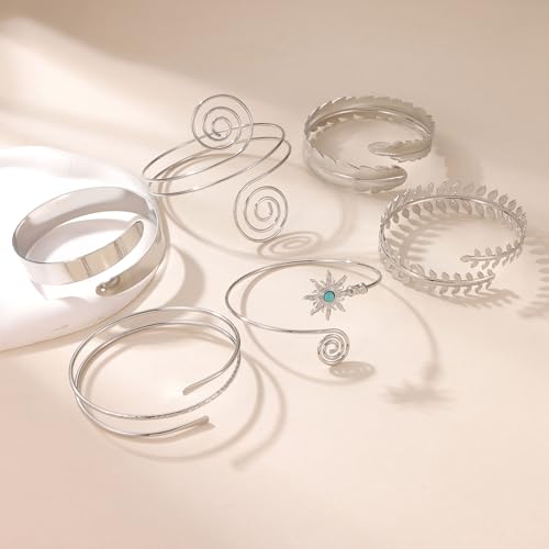 PLOMFOV 6 Pcs Arm Cuff Jewelry for Women Gold Upper Arm Bands Bangle Silver Arm Cuffs Bracelet Adjustable Armlet Set