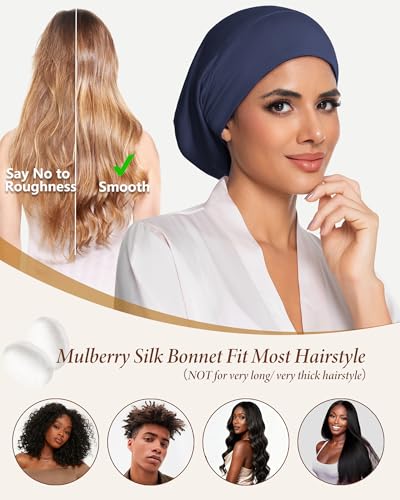 100% Mulberry Silk Bonnet for Sleeping Women Men, Real Silk Lined Bonnets for Curly Hair, Braid Sleep Cap Black Womens - color: Dark Blue
