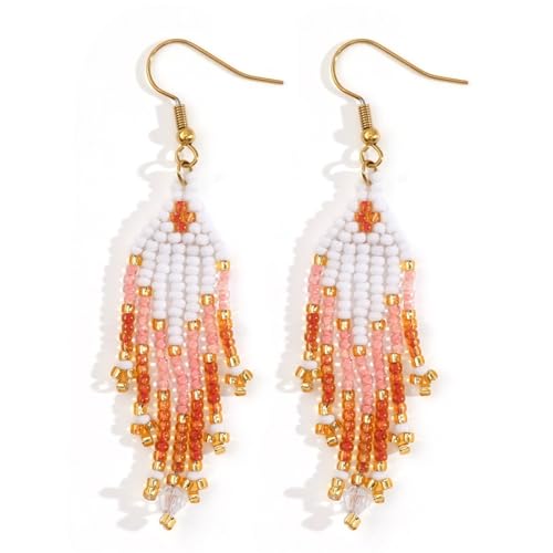 Bohemian Beaded Long Tassel Dangle Earrings for Women, Handmade Jewelry White Tarnish Resistant Lightweight Design, Stylish Accessory for Beach Vacation Party and Gift - color: Pink