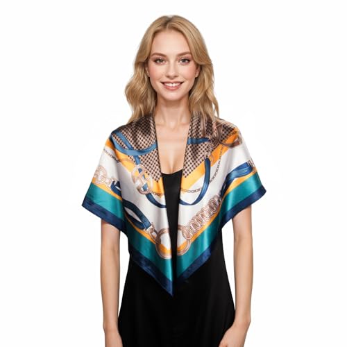 RIIQIICHY Head Scarf for Women Like Silk Scarf Hair Scarf Printed Square Scarf Bandanas for Women 35 Inches - color: Navy/Turquoise/Tan