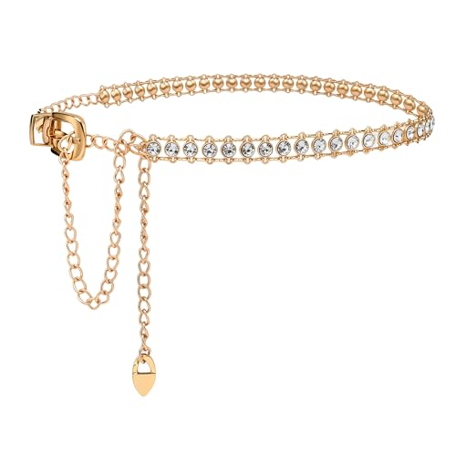 YooAi Chain Belts Leather Waist Belt for Women Layered Metal Chain Belt - size: M/L: fits waist from 31"-40", style: Gold Rhinestsone