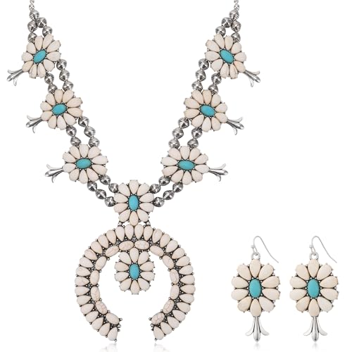 4 PCS Western Turquoise Jewelry for Women Boho Vintage Navajo Pearl Necklace Earring Bracelet Ring Set Country Cowgirl Accessories for Gift - color: O-White（No Bracelet No Ring）
